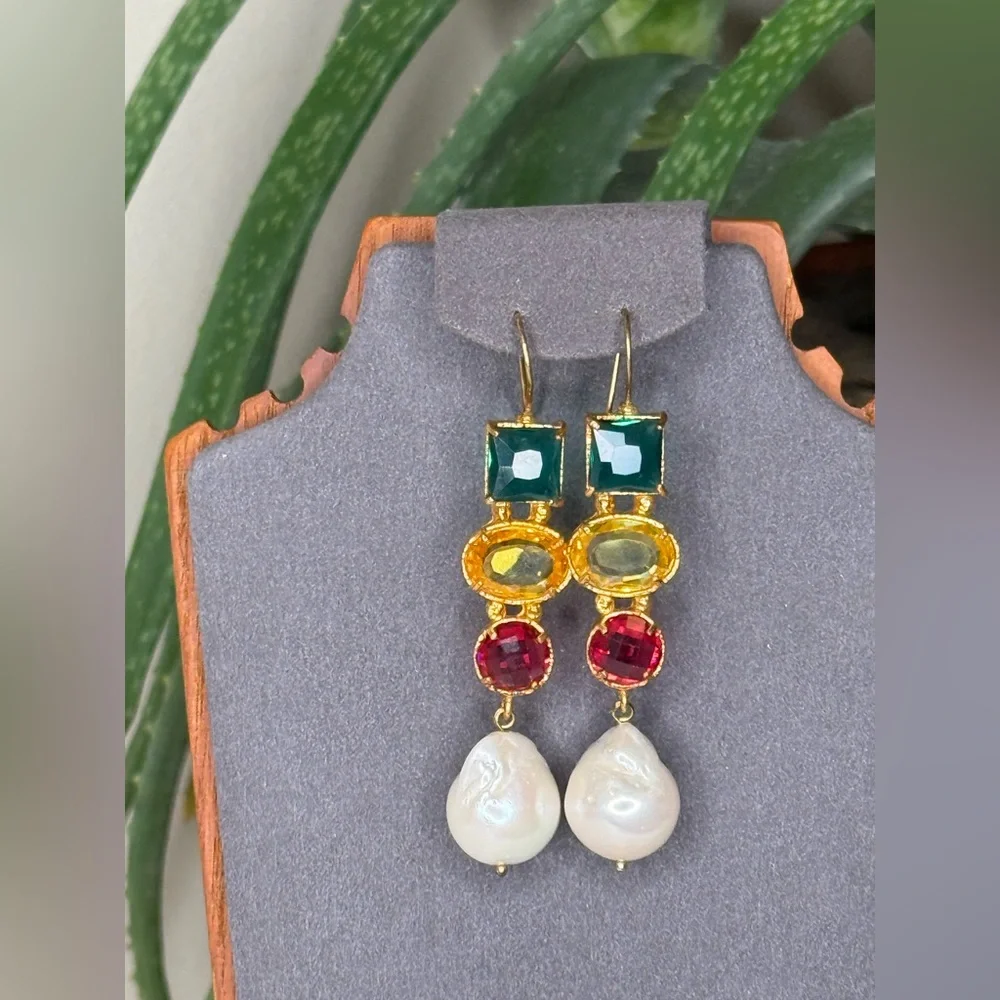 Clara Nicolaides Multicolor Gem Earrings Baroque Pearl Drop Gold Designer - Picture 3 of 5